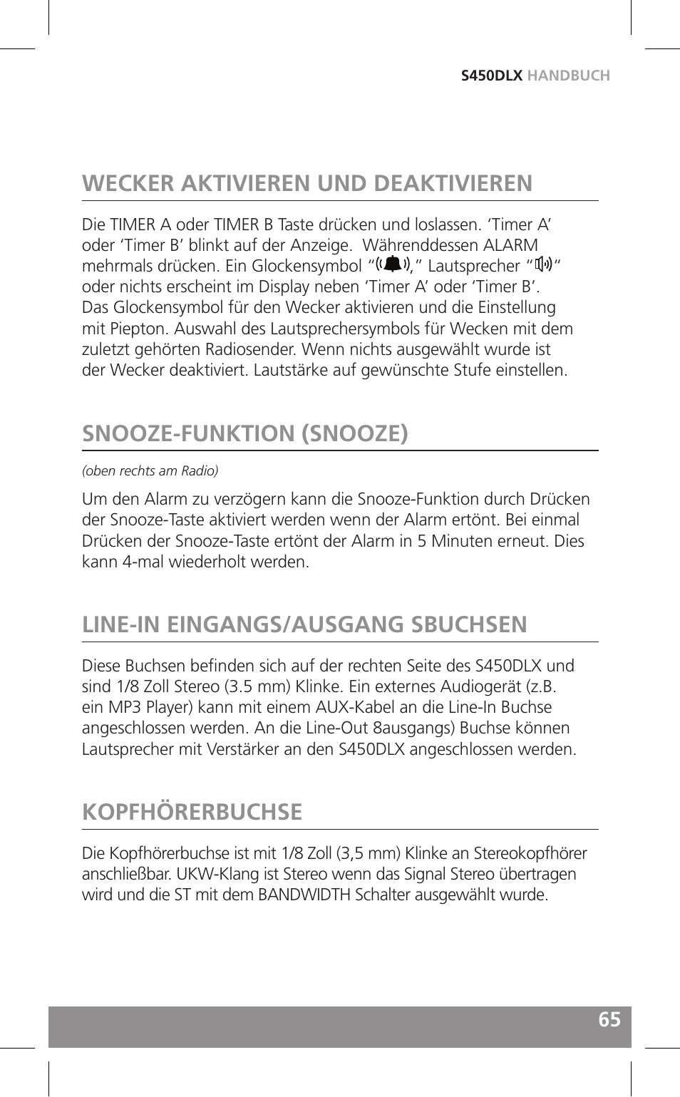 Wecker aktivieren und deaktivieren, Snooze-funktion (snooze), Line-in eingangs/ausgang sbuchsen | Kopfhörerbuchse | Grundig FIELD RADIO S450DLX User Manual | Page 65 / 86