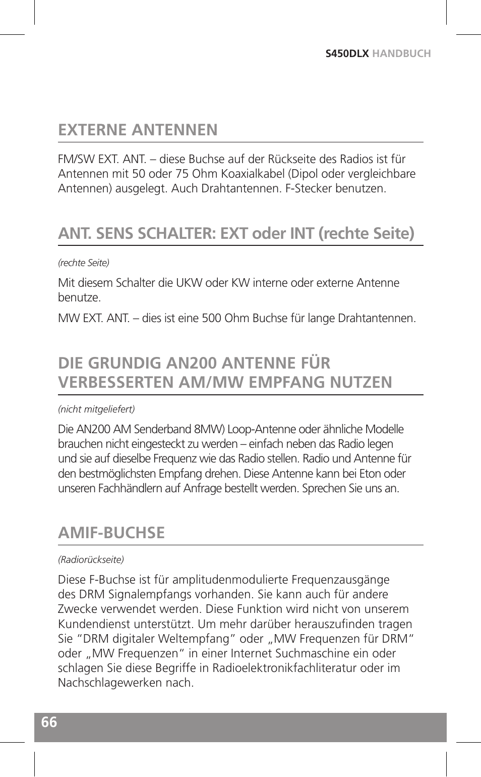 Externe antennen, Ant. sens schalter: ext oder int (rechte seite), Amif-buchse | Grundig FIELD RADIO S450DLX User Manual | Page 66 / 86