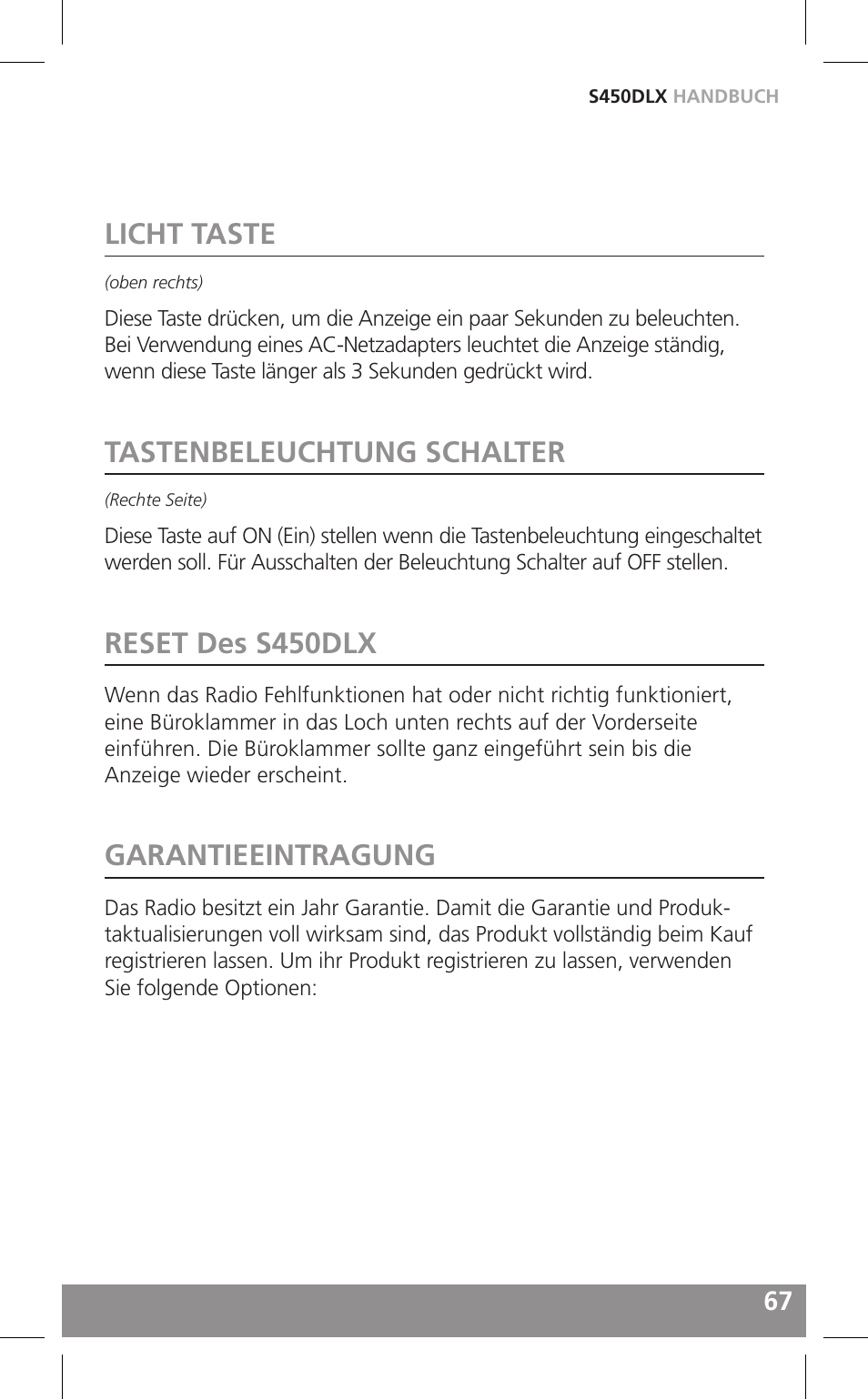 Licht taste, Tastenbeleuchtung schalter, Reset des s450dlx | Garantieeintragung | Grundig FIELD RADIO S450DLX User Manual | Page 67 / 86