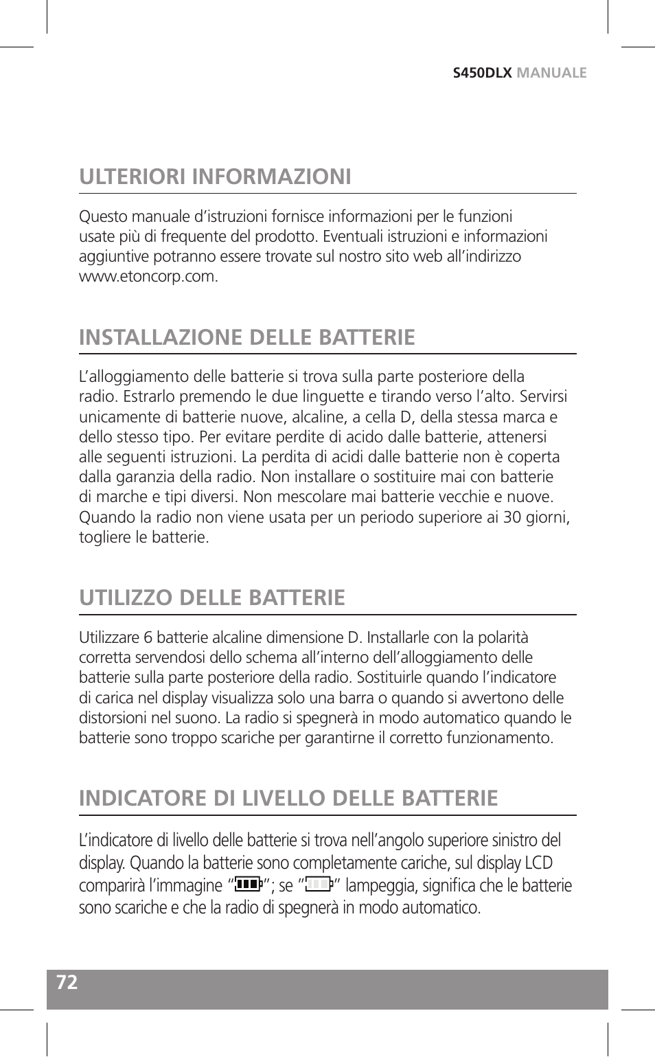 Ulteriori informazioni, Installazione delle batterie, Utilizzo delle batterie | Indicatore di livello delle batterie | Grundig FIELD RADIO S450DLX User Manual | Page 72 / 86
