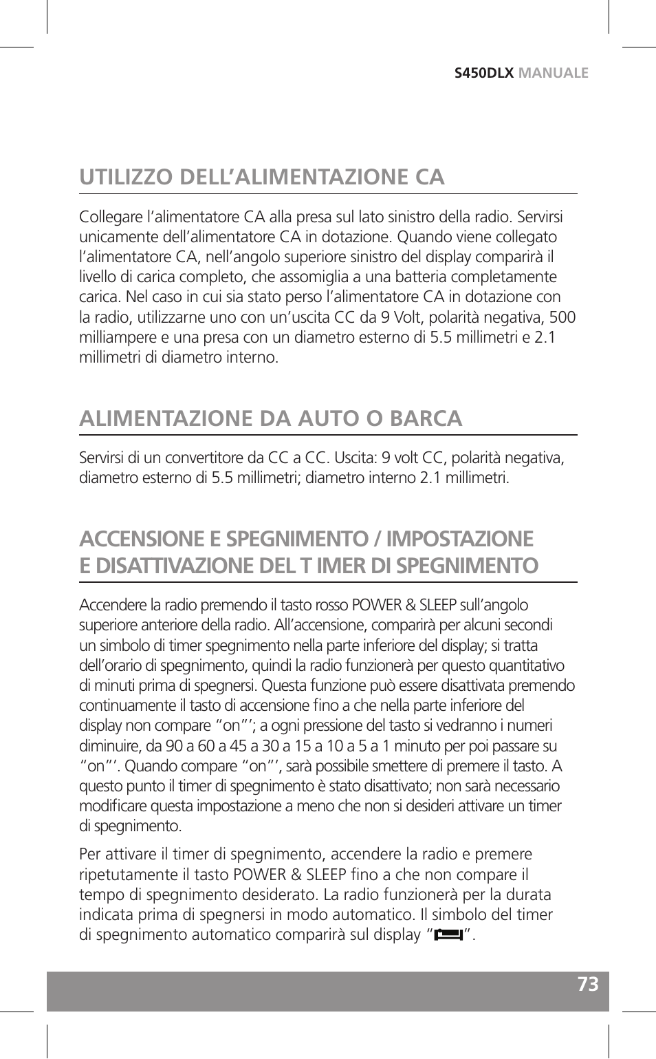 Utilizzo dell’alimentazione ca, Alimentazione da auto o barca | Grundig FIELD RADIO S450DLX User Manual | Page 73 / 86
