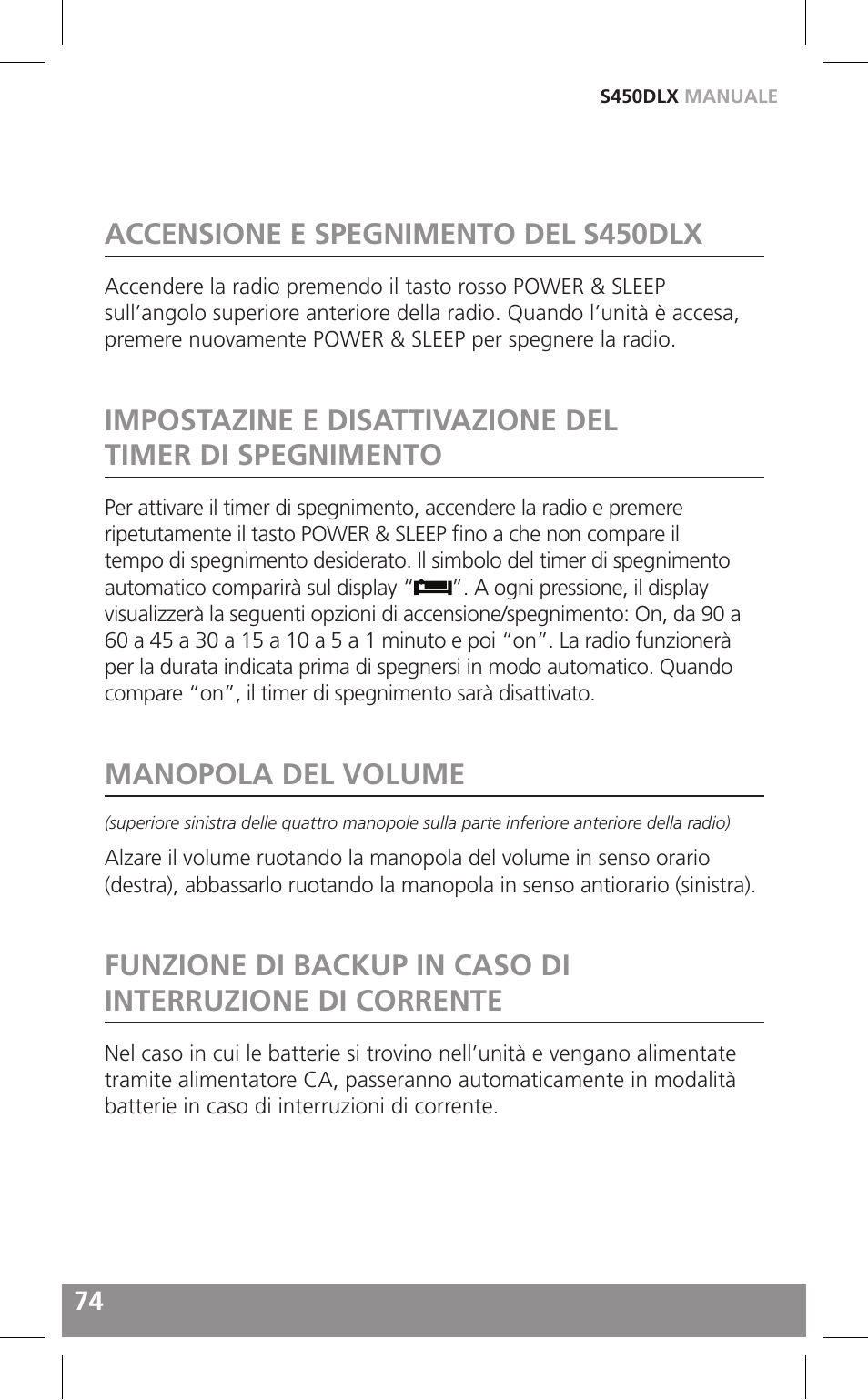 Accensione e spegnimento del s450dlx, Manopola del volume | Grundig FIELD RADIO S450DLX User Manual | Page 74 / 86