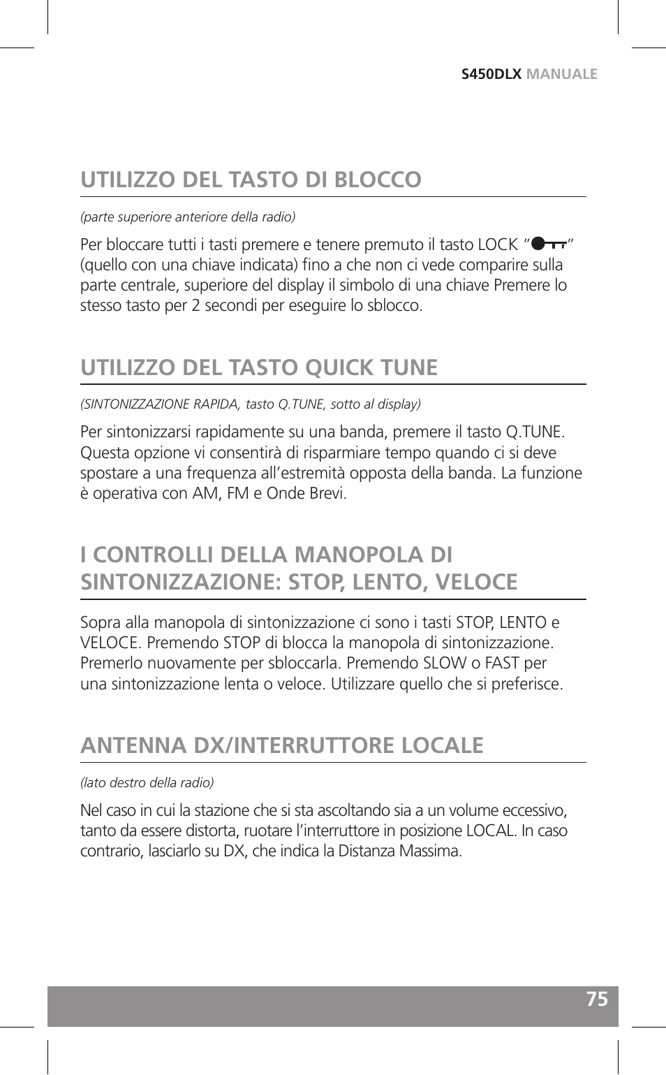 Utilizzo del tasto di blocco, Utilizzo del tasto quick tune, Antenna dx/interruttore locale | Grundig FIELD RADIO S450DLX User Manual | Page 75 / 86
