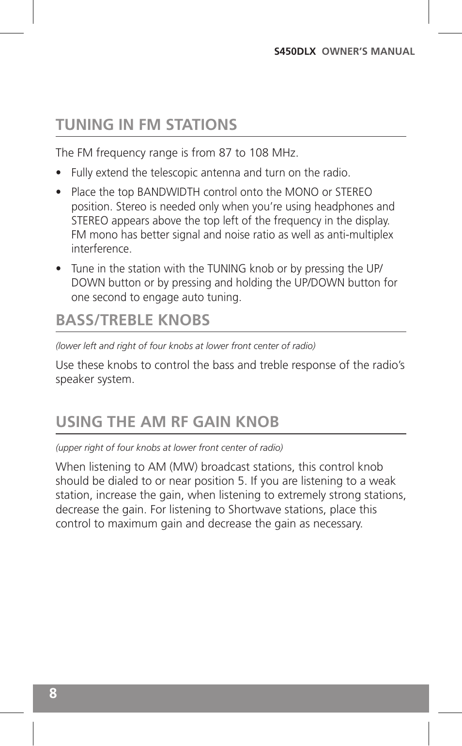 Tuning in fm stations, Bass/treble knobs, Using the am rf gain knob | Grundig FIELD RADIO S450DLX User Manual | Page 8 / 86