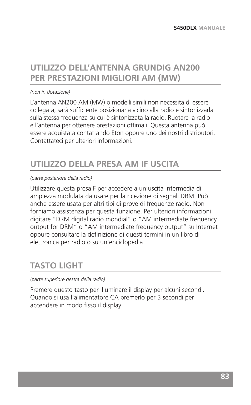 Utilizzo della presa am if uscita, Tasto light | Grundig FIELD RADIO S450DLX User Manual | Page 83 / 86