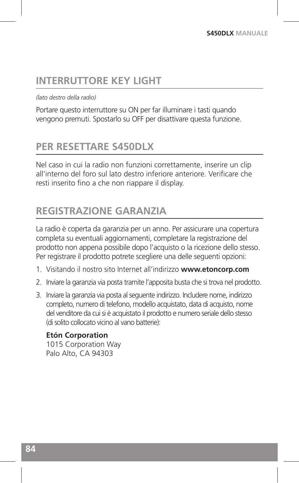 Interruttore key light, Per resettare s450dlx, Registrazione garanzia | Grundig FIELD RADIO S450DLX User Manual | Page 84 / 86