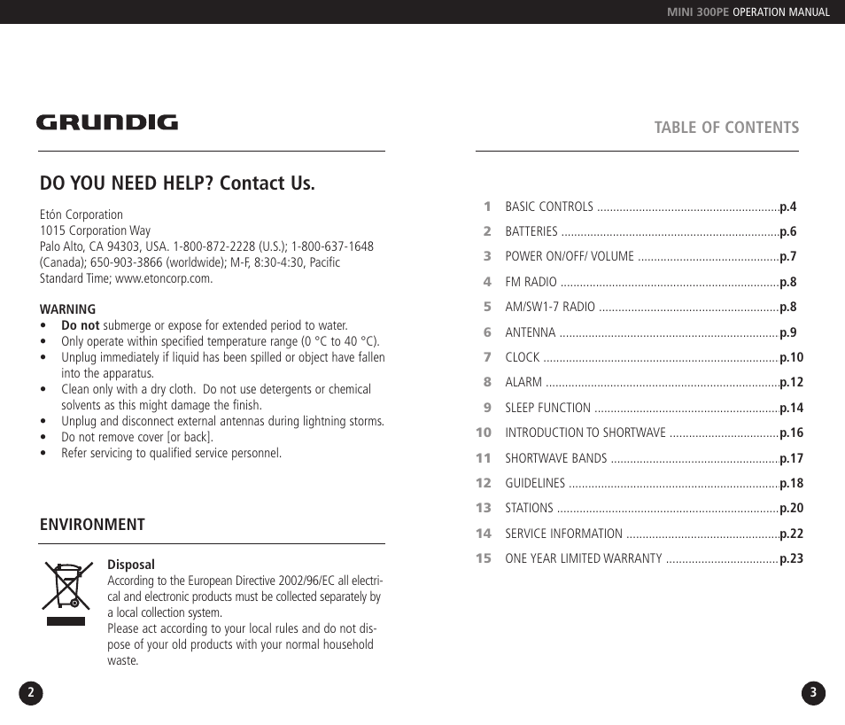 Do you need help? contact us | Grundig 300PE User Manual | Page 2 / 14