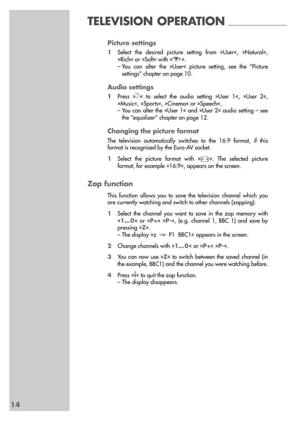 Television operation, Zap function | Grundig Xentia MFS 72-4610/8 TOP User Manual | Page 14 / 31