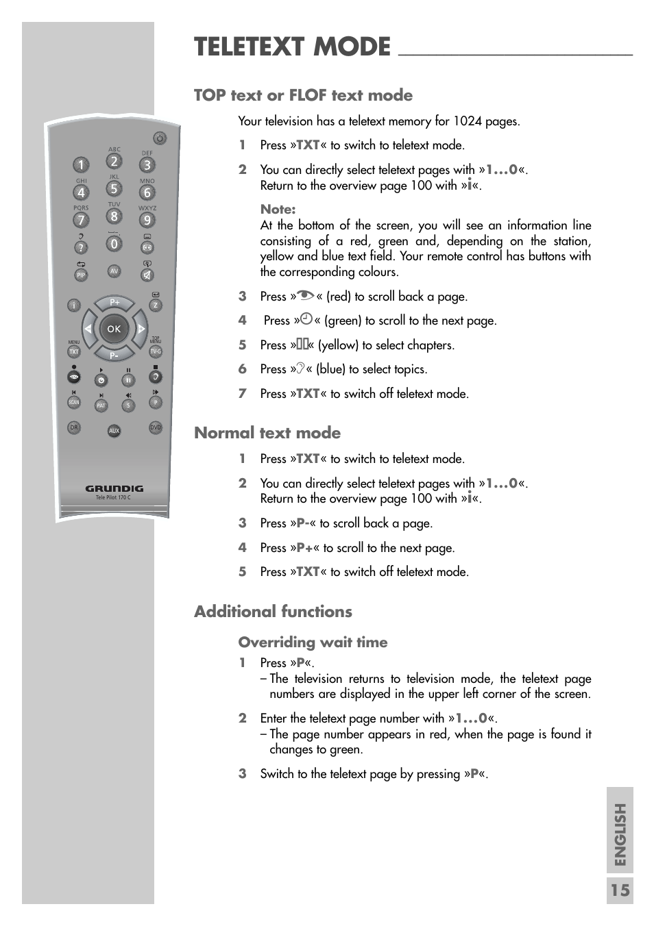 Teletext mode, 15 top text or flof text mode, Normal text mode | Additional functions, English, Overriding wait time | Grundig Xentia MFS 72-4610/8 TOP User Manual | Page 15 / 31