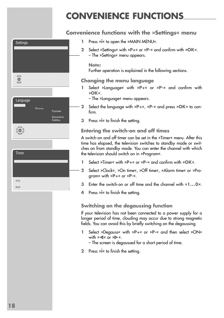Convenience functions, 18 convenience functions with the »settings« menu, Changing the menu language | Entering the switch-on and off times, Switching on the degaussing function | Grundig Xentia MFS 72-4610/8 TOP User Manual | Page 18 / 31