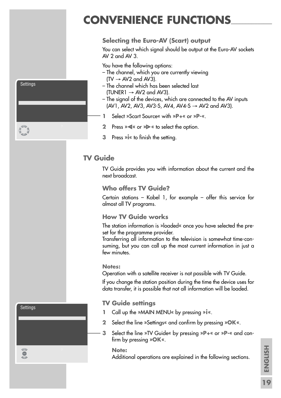 Convenience functions, Tv guide, English | Selecting the euro-av (scart) output, Who offers tv guide, How tv guide works, Tv guide settings | Grundig Xentia MFS 72-4610/8 TOP User Manual | Page 19 / 31