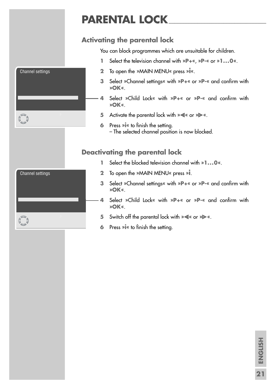 Parental lock, 21 activating the parental lock, Deactivating the parental lock | English | Grundig Xentia MFS 72-4610/8 TOP User Manual | Page 21 / 31