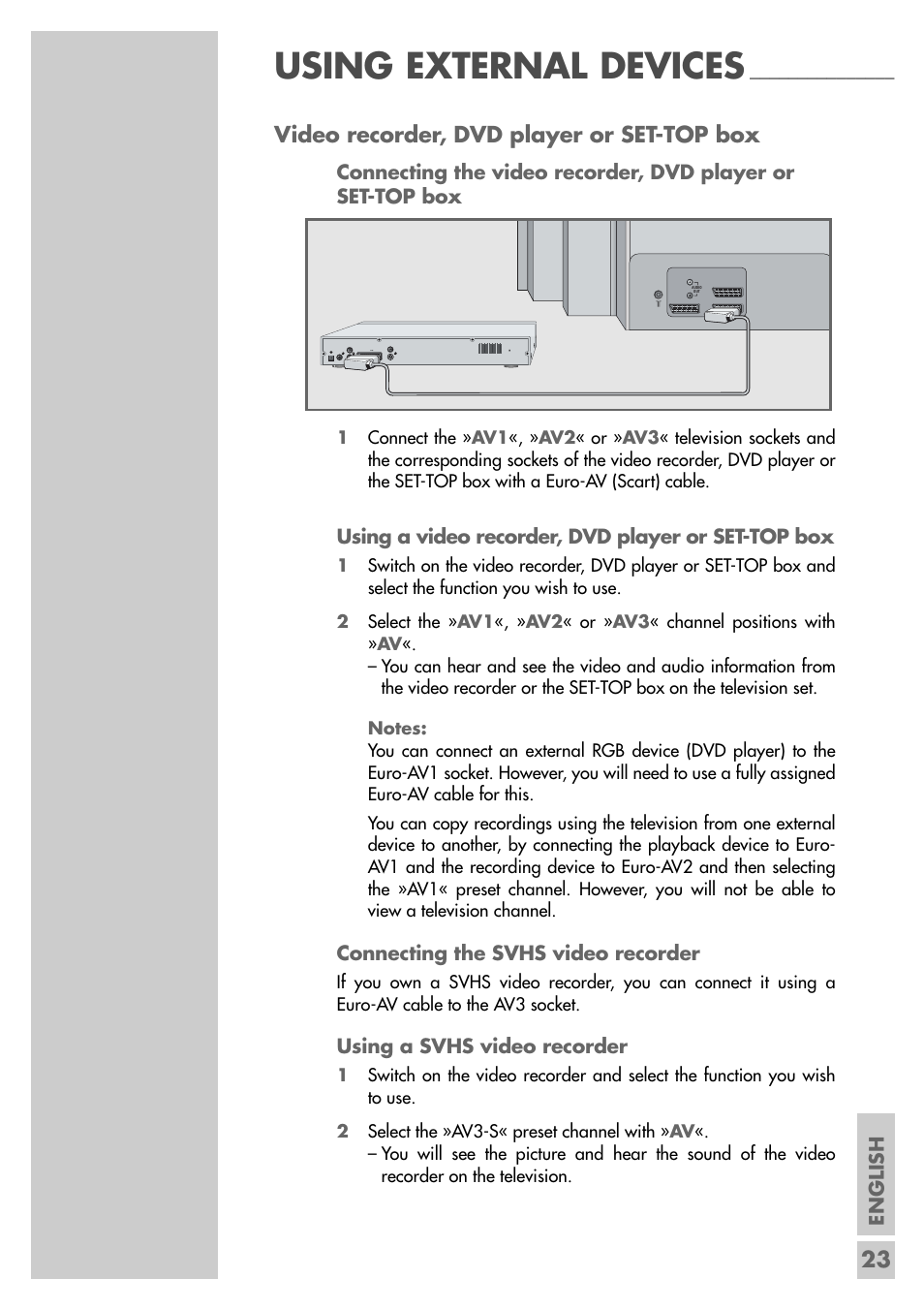 Using external devices, 23 video recorder, dvd player or set-top box, English | Using a video recorder, dvd player or set-top box, Connecting the svhs video recorder, Using a svhs video recorder | Grundig Xentia MFS 72-4610/8 TOP User Manual | Page 23 / 31