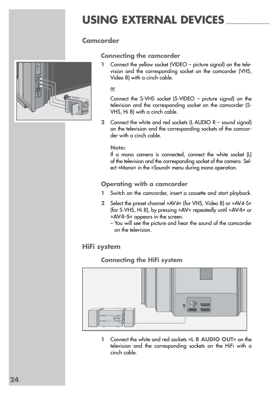 Using external devices, 24 camcorder, Hifi system | Connecting the camcorder, Operating with a camcorder, Connecting the hifi system | Grundig Xentia MFS 72-4610/8 TOP User Manual | Page 24 / 31