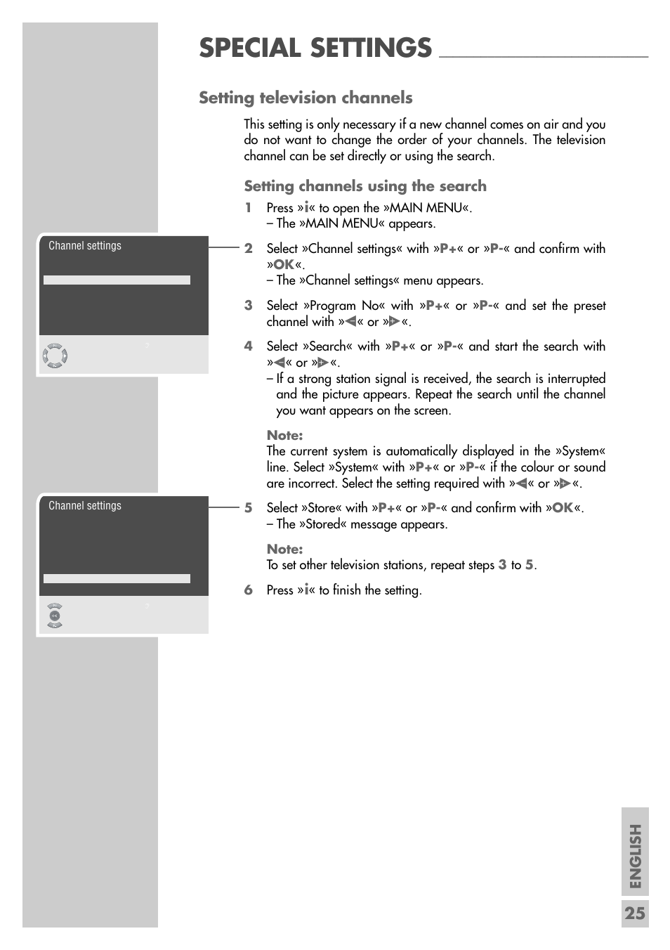 Special settings, 25 setting television channels, English | Setting channels using the search | Grundig Xentia MFS 72-4610/8 TOP User Manual | Page 25 / 31