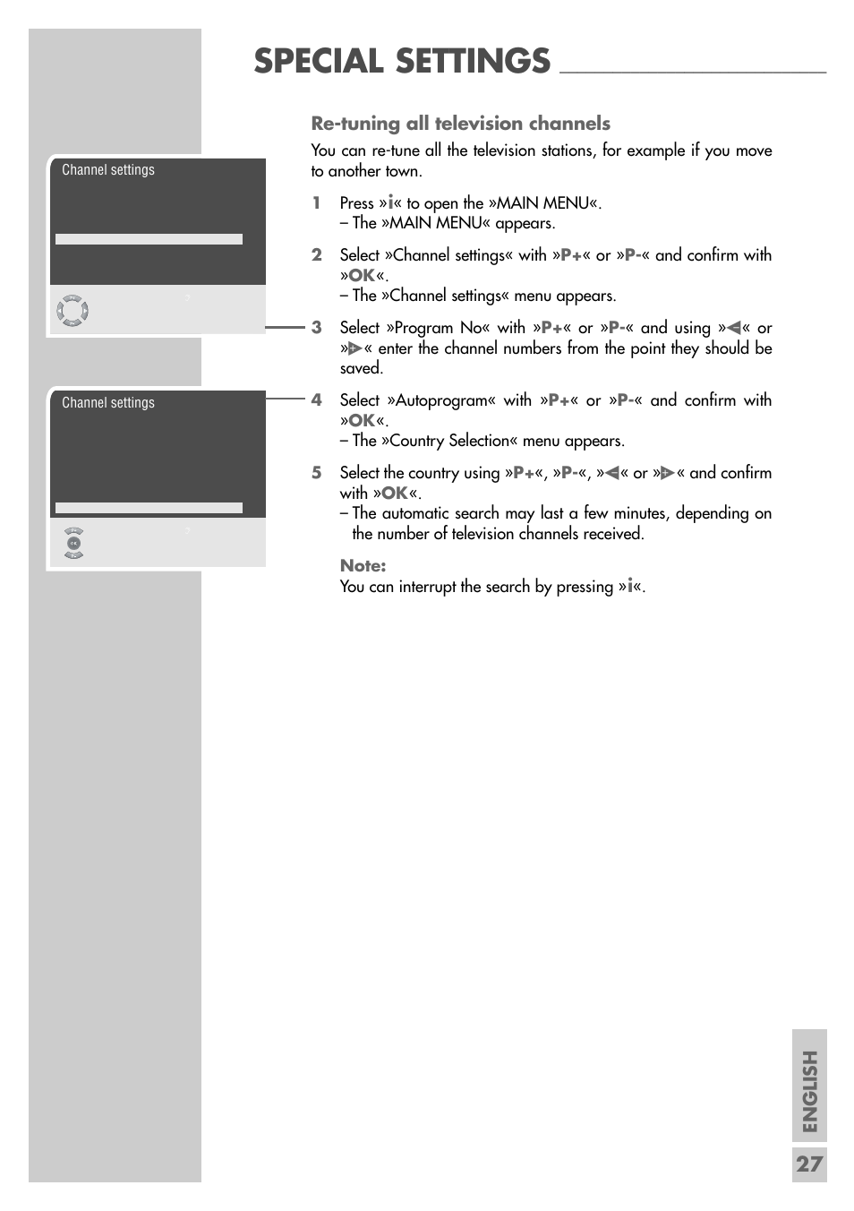 Special settings, English, Re-tuning all television channels | Grundig Xentia MFS 72-4610/8 TOP User Manual | Page 27 / 31