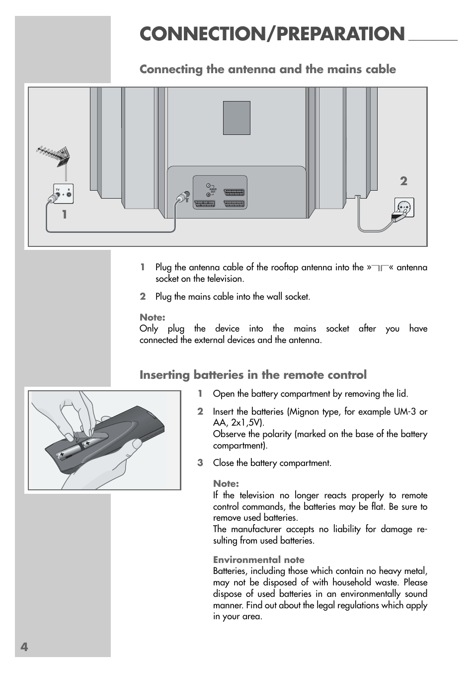Connection/preparation, 4connecting the antenna and the mains cable, Inserting batteries in the remote control | Grundig Xentia MFS 72-4610/8 TOP User Manual | Page 4 / 31