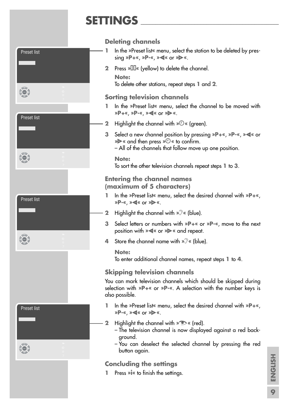 Settings, English, Deleting channels | Sorting television channels, Skipping television channels, Concluding the settings | Grundig Xentia MFS 72-4610/8 TOP User Manual | Page 9 / 31