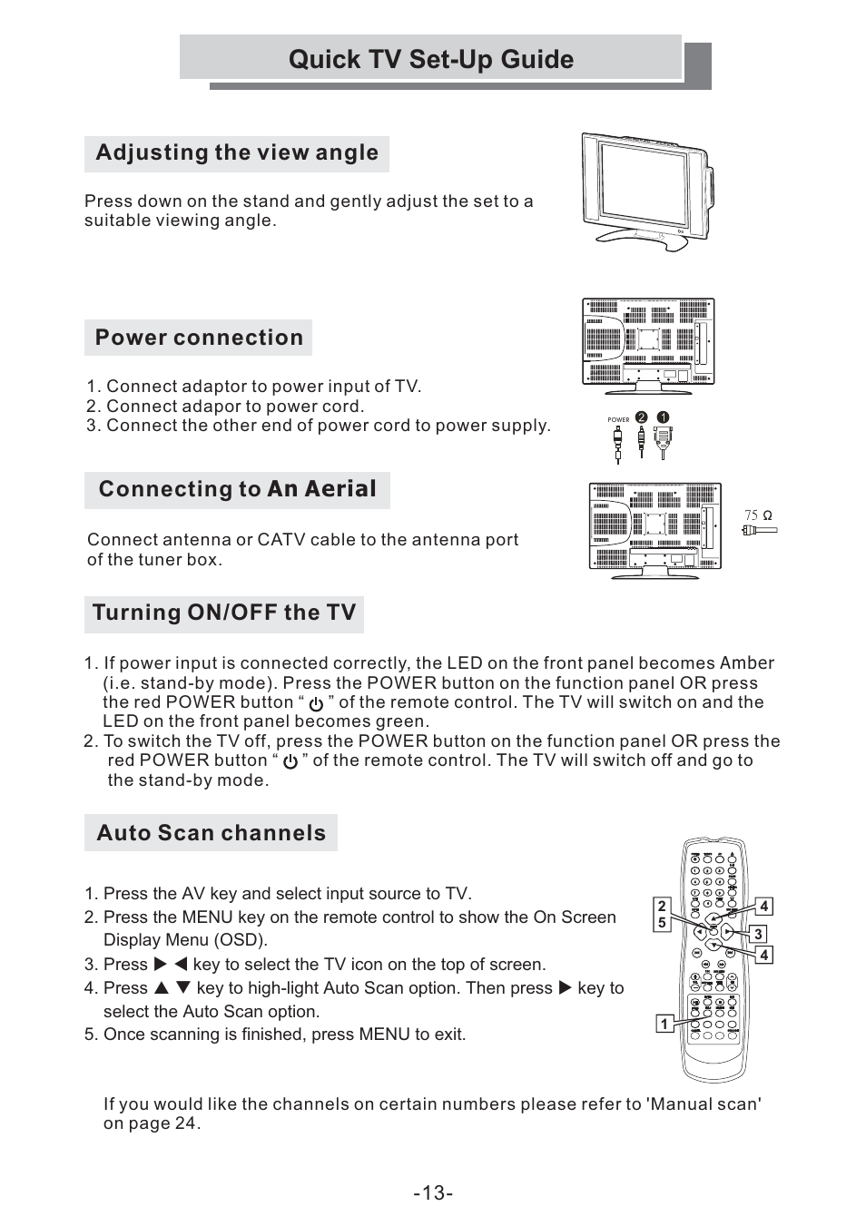 Quick tv set-up guide, Adjusting the view angle, Auto scan channels | Grundig GULCD20S/DVD User Manual | Page 13 / 34