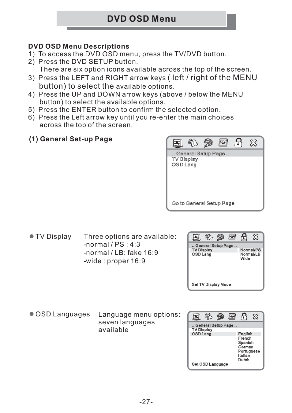 Dvd osd menu, Left / right of the menu button) to select the | Grundig GULCD20S/DVD User Manual | Page 27 / 34