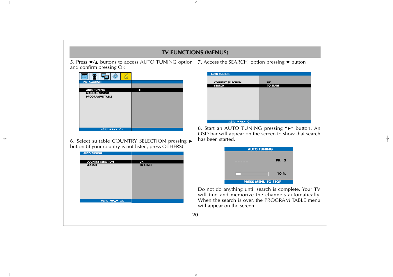 Tv functions (menus) | Grundig GULCD26HDIT User Manual | Page 20 / 45