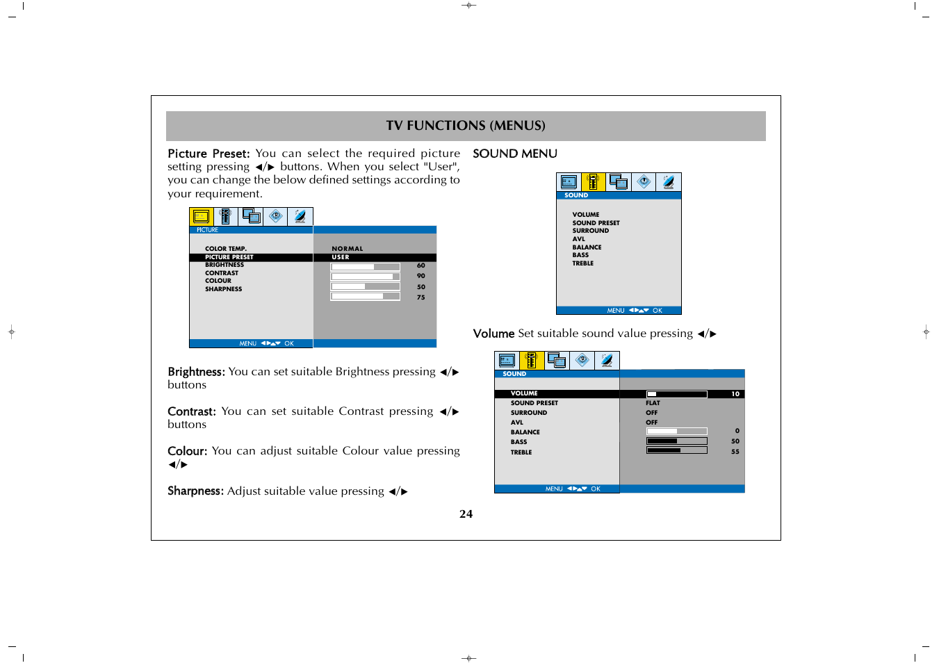 Tv functions (menus) | Grundig GULCD26HDIT User Manual | Page 24 / 45