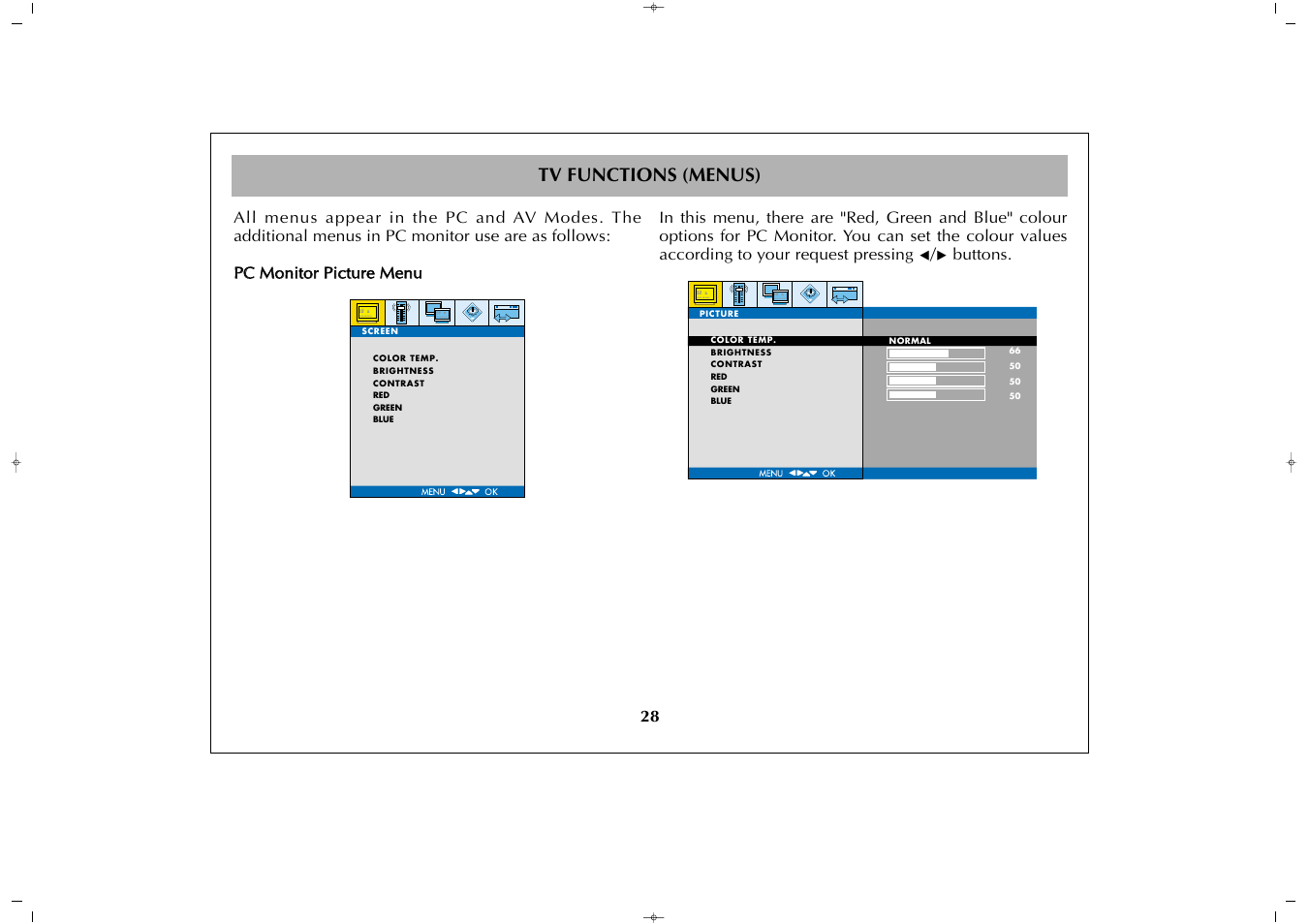 Tv functions (menus) | Grundig GULCD26HDIT User Manual | Page 28 / 45