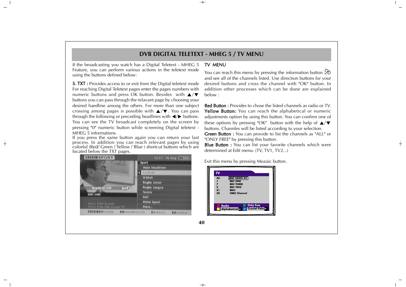 Dvb digital teletext - mheg 5 / tv menu | Grundig GULCD26HDIT User Manual | Page 40 / 45