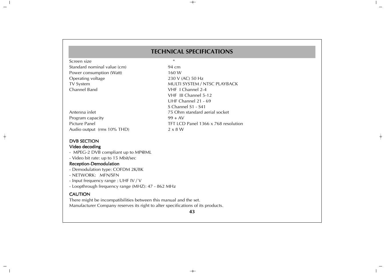 Technical specifications | Grundig GULCD26HDIT User Manual | Page 43 / 45