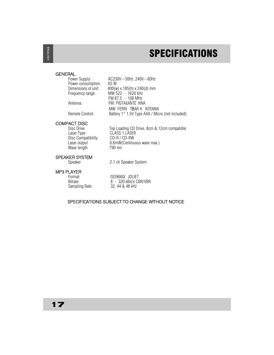 Specifications | Grundig CDS2500IPW User Manual | Page 20 / 22