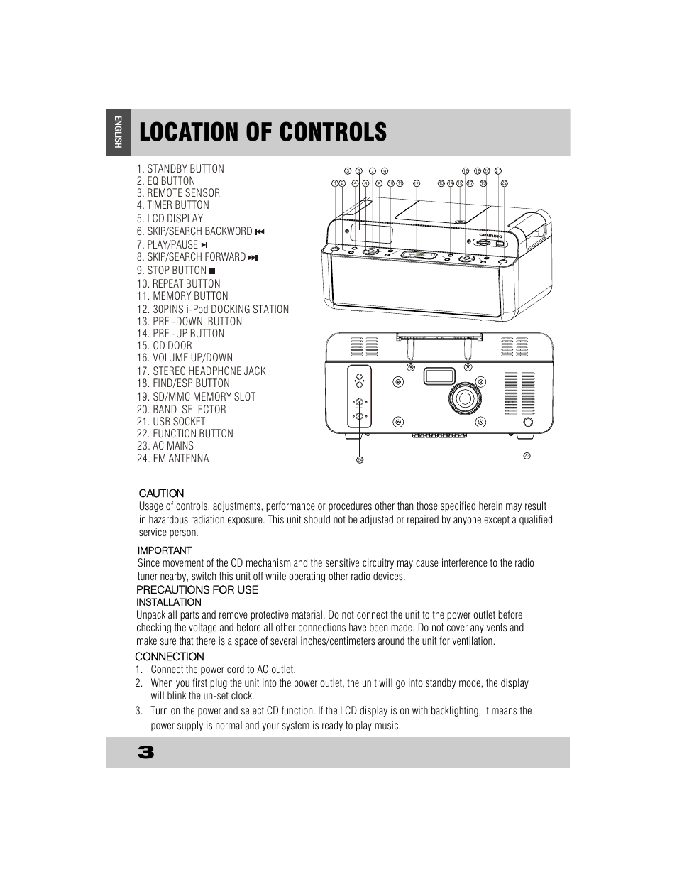 Location of controls, Important, Installation | English | Grundig CDS2500IPW User Manual | Page 6 / 22