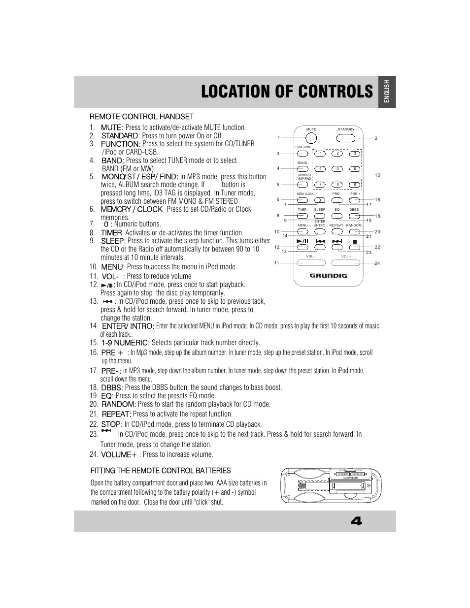 Location of controls | Grundig CDS2500IPW User Manual | Page 7 / 22