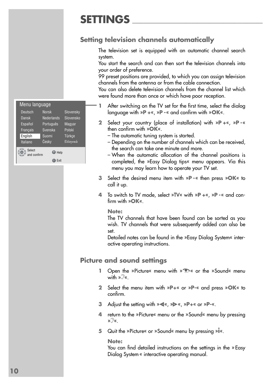 Settings, 10 setting television channels automatically, Picture and sound settings | Grundig VISION II LXW 68-9620 User Manual | Page 10 / 19