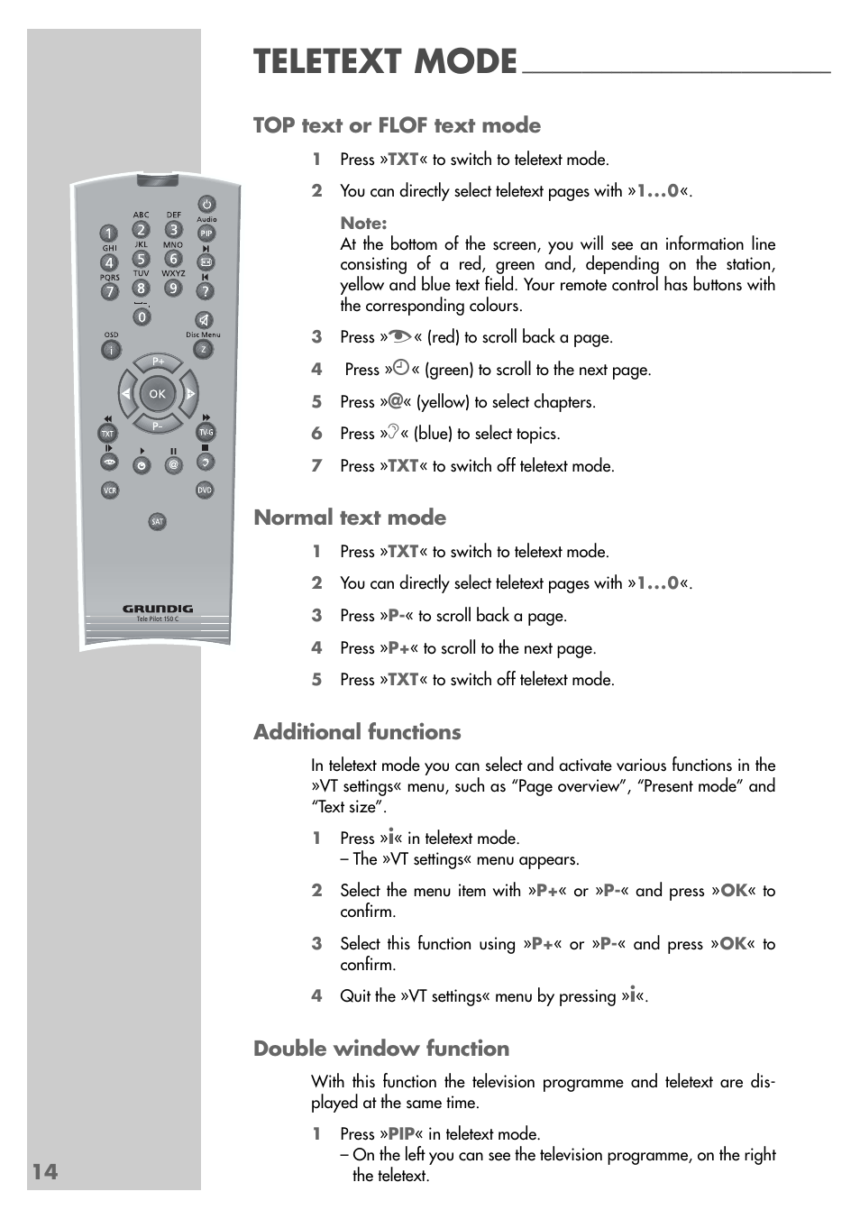 Teletext mode, 14 top text or flof text mode, Normal text mode | Additional functions, Double window function | Grundig VISION II LXW 68-9620 User Manual | Page 14 / 19