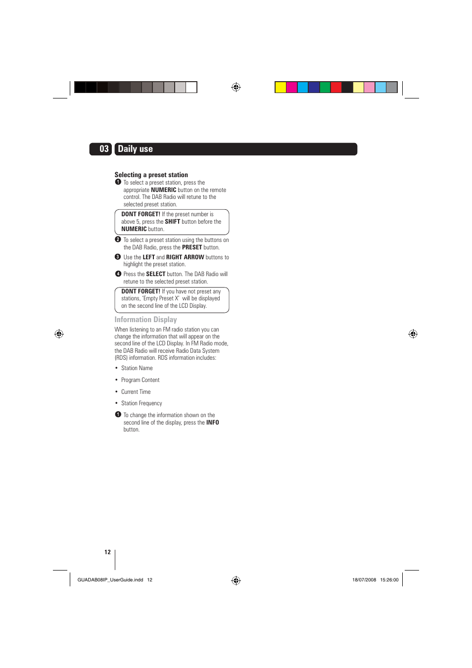 Daily use, Information display | Grundig GUADAB08IP User Manual | Page 12 / 19