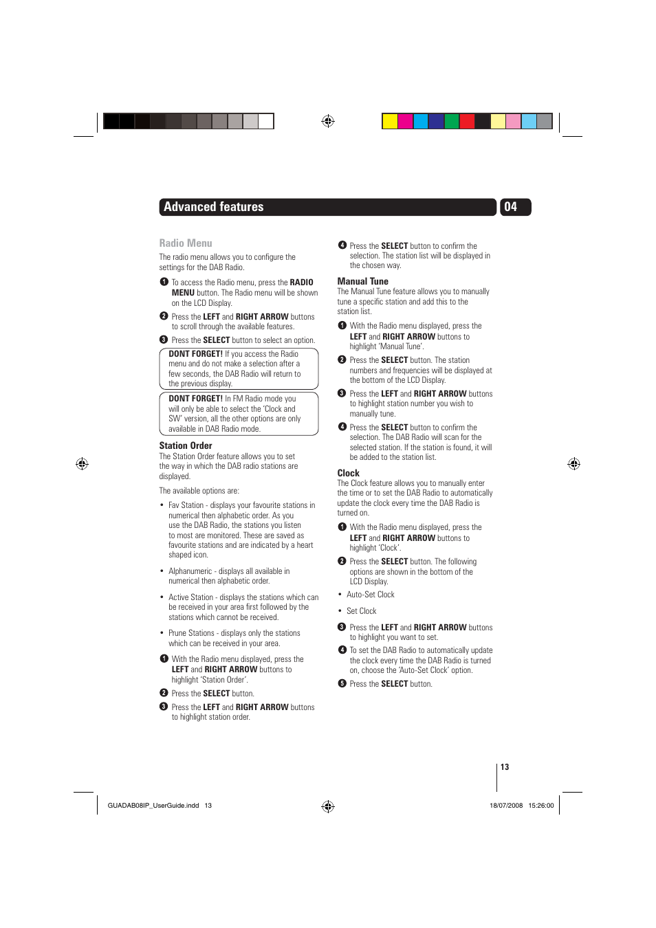 Advanced features, Radio menu | Grundig GUADAB08IP User Manual | Page 13 / 19