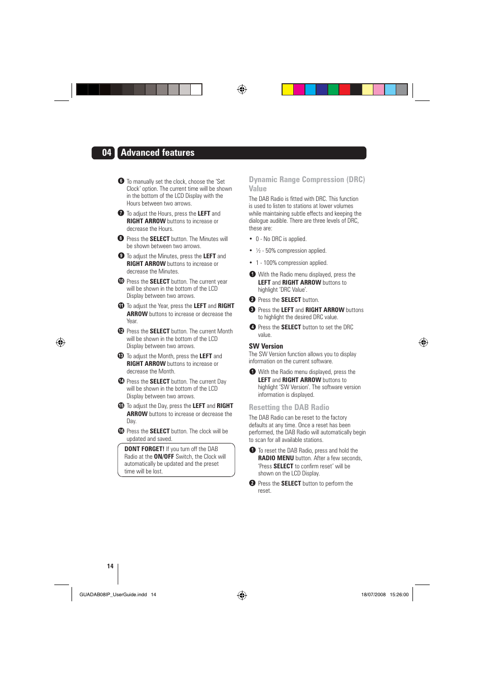 Advanced features, Dynamic range compression (drc) value, Resetting the dab radio | Grundig GUADAB08IP User Manual | Page 14 / 19