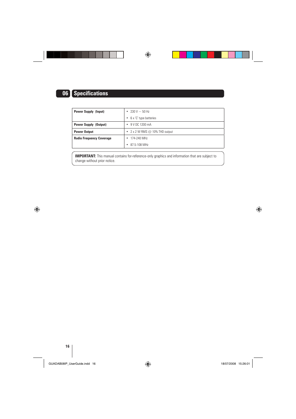 Specifications | Grundig GUADAB08IP User Manual | Page 16 / 19