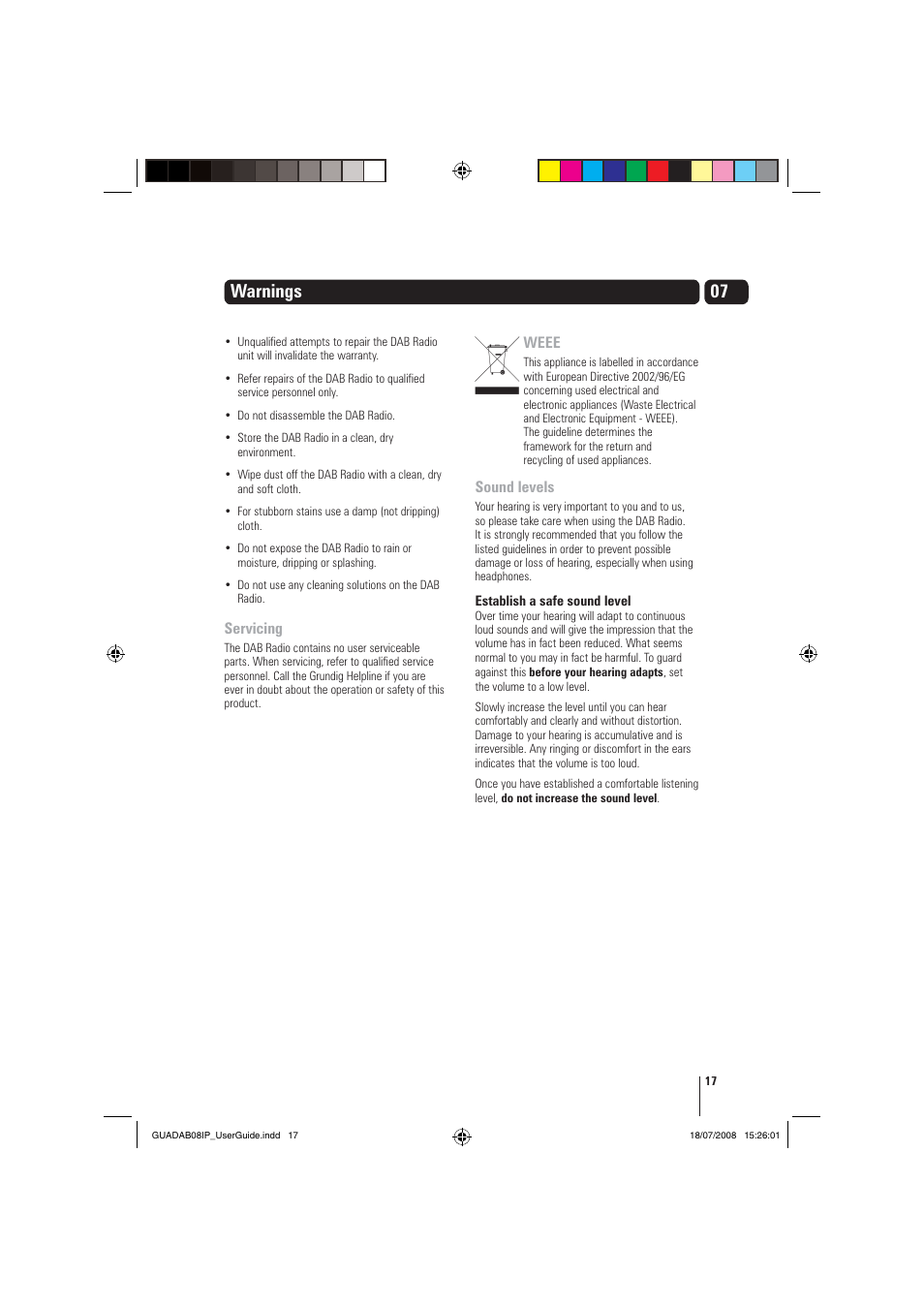 07 warnings, Servicing, Weee | Sound levels | Grundig GUADAB08IP User Manual | Page 17 / 19
