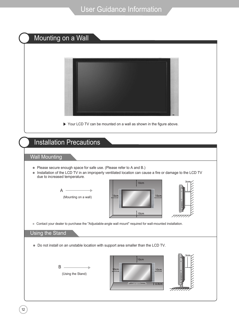 User guidance information, Mounting on a wall installation precautions | Grundig Xentia LXW 102-8625 REF User Manual | Page 12 / 60