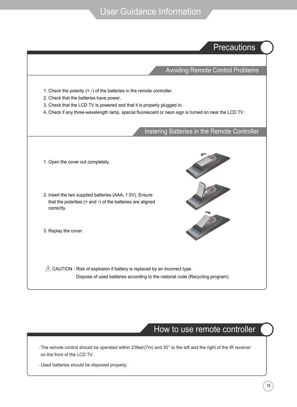 User guidance information, Precautions how to use remote controller | Grundig Xentia LXW 102-8625 REF User Manual | Page 15 / 60