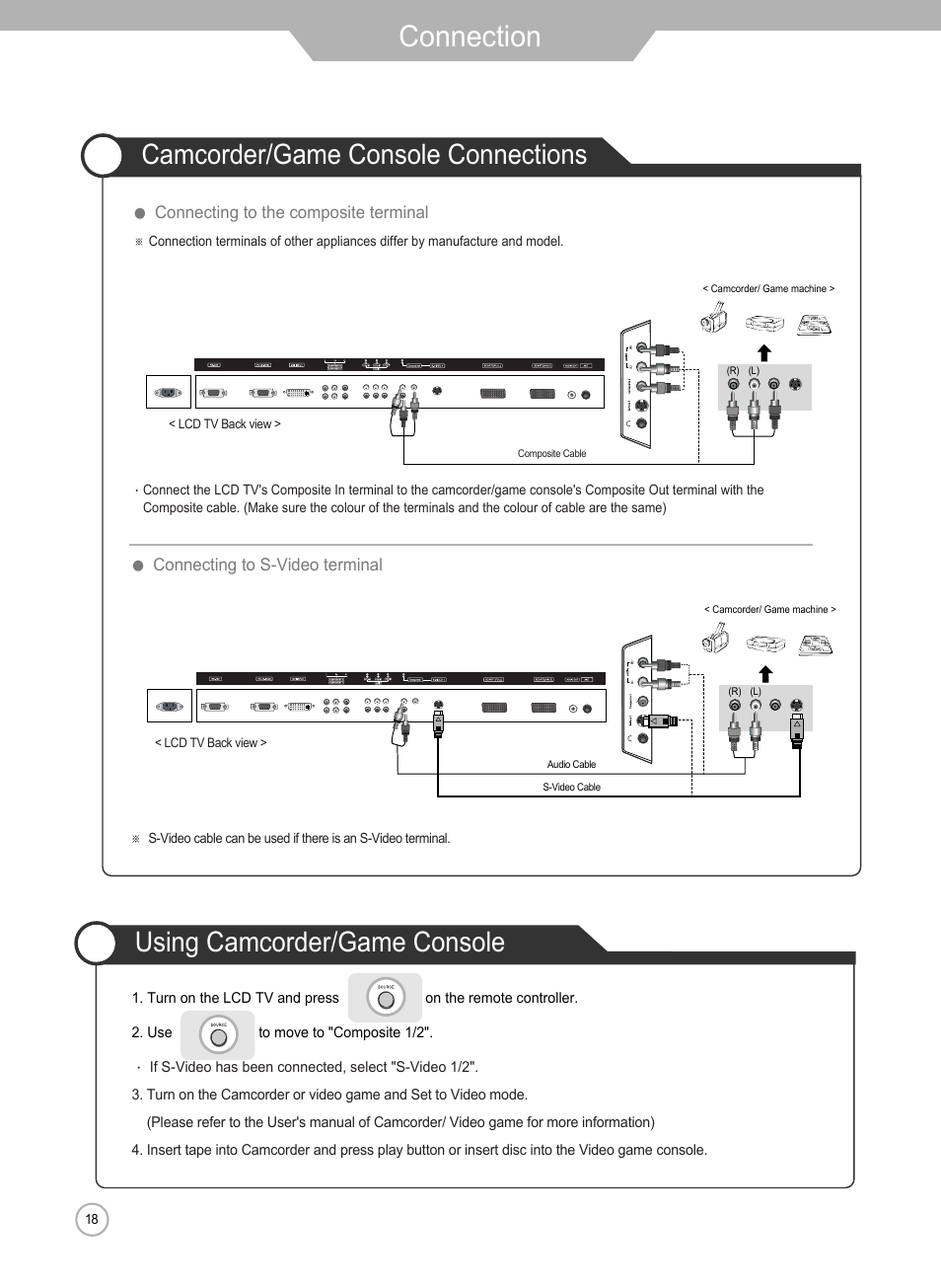 Connection, Using camcorder/game console, Camcorder/game console connections | Grundig Xentia LXW 102-8625 REF User Manual | Page 18 / 60