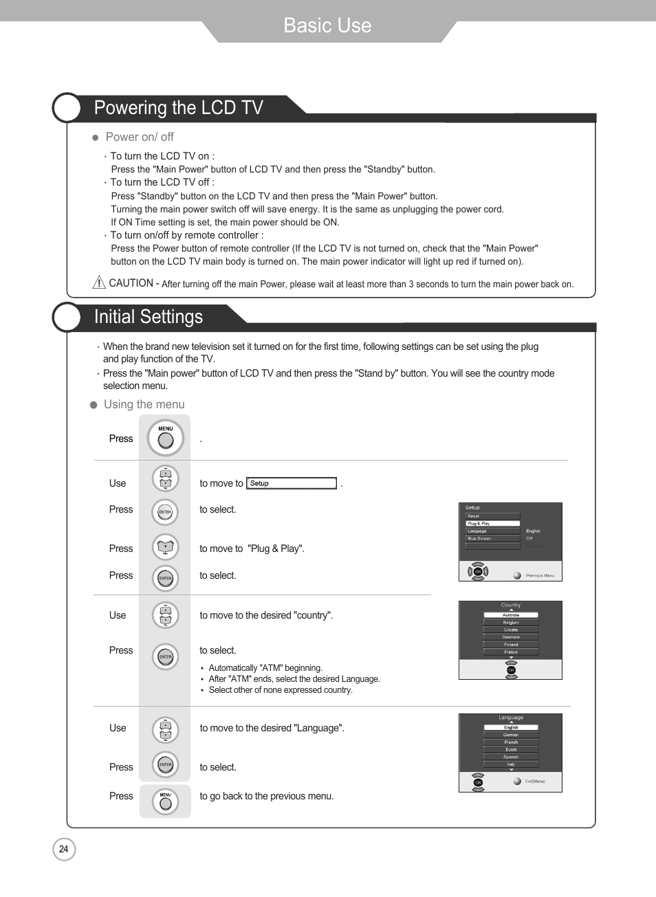 Basic use, Initial settings powering the lcd tv | Grundig Xentia LXW 102-8625 REF User Manual | Page 24 / 60