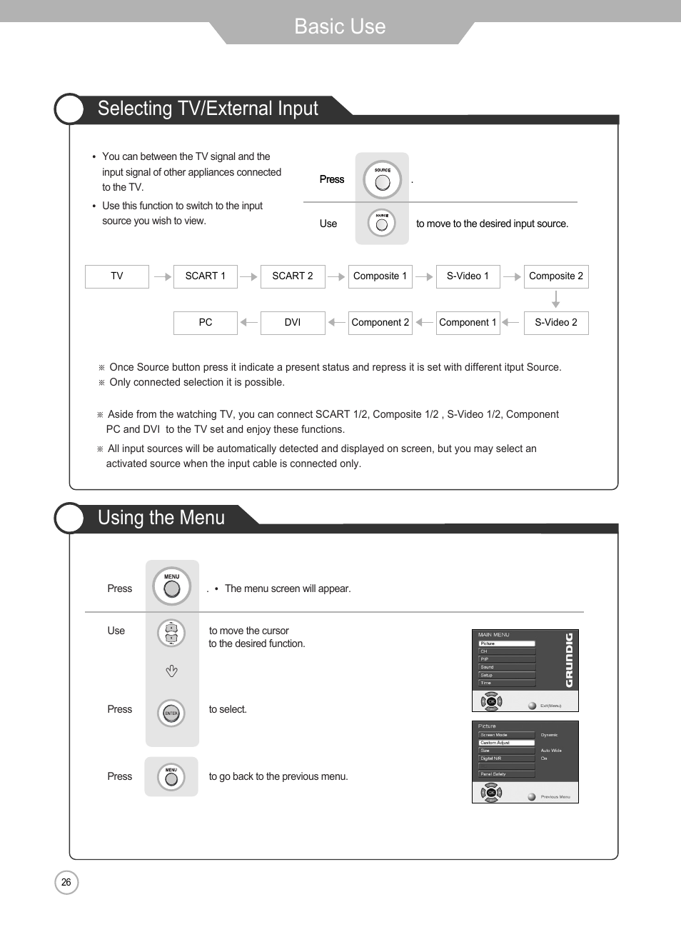 Basic use, Using the menu selecting tv/external input | Grundig Xentia LXW 102-8625 REF User Manual | Page 26 / 60