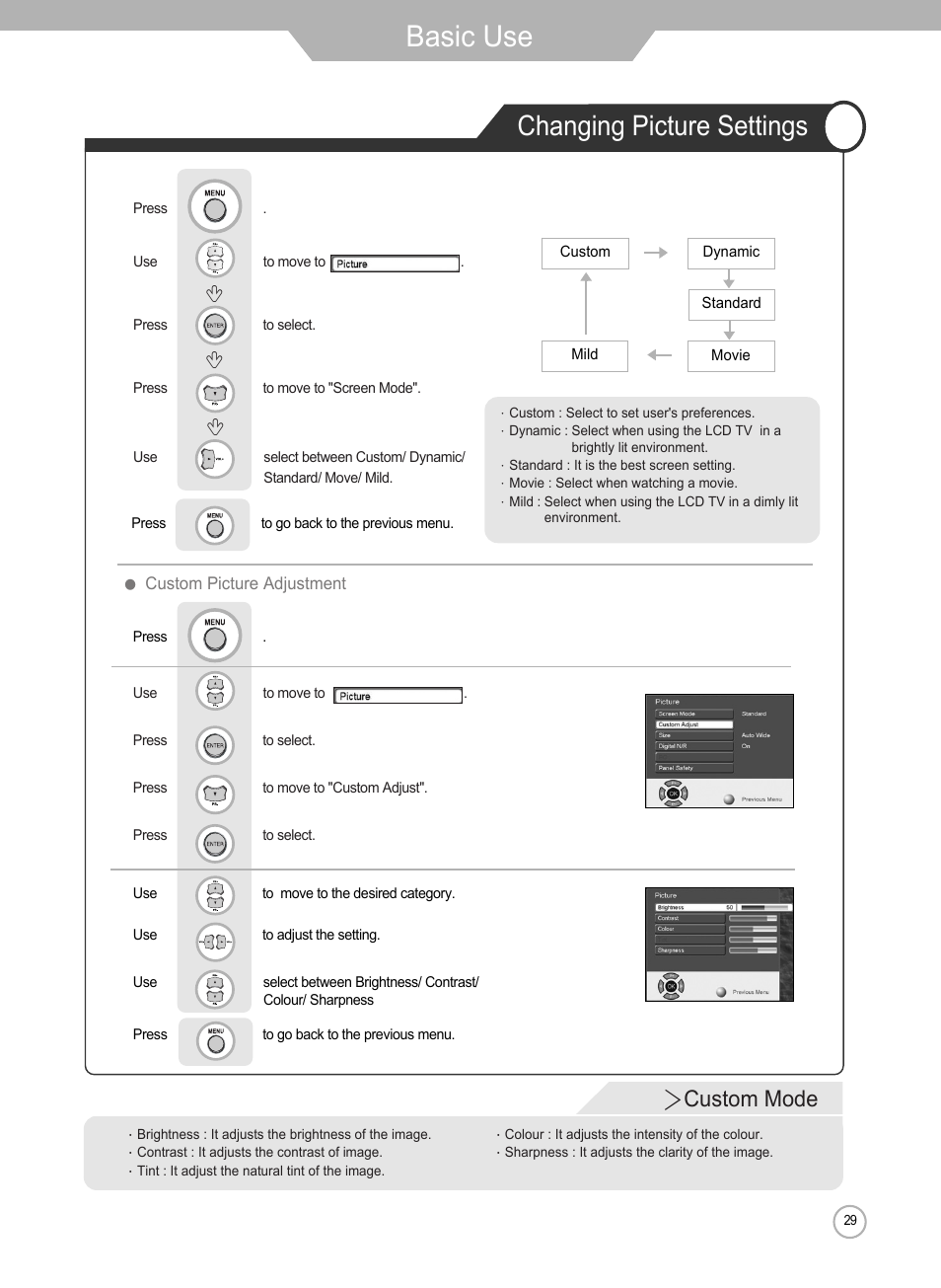 Basic use, Changing picture settings, Custom mode | Grundig Xentia LXW 102-8625 REF User Manual | Page 29 / 60