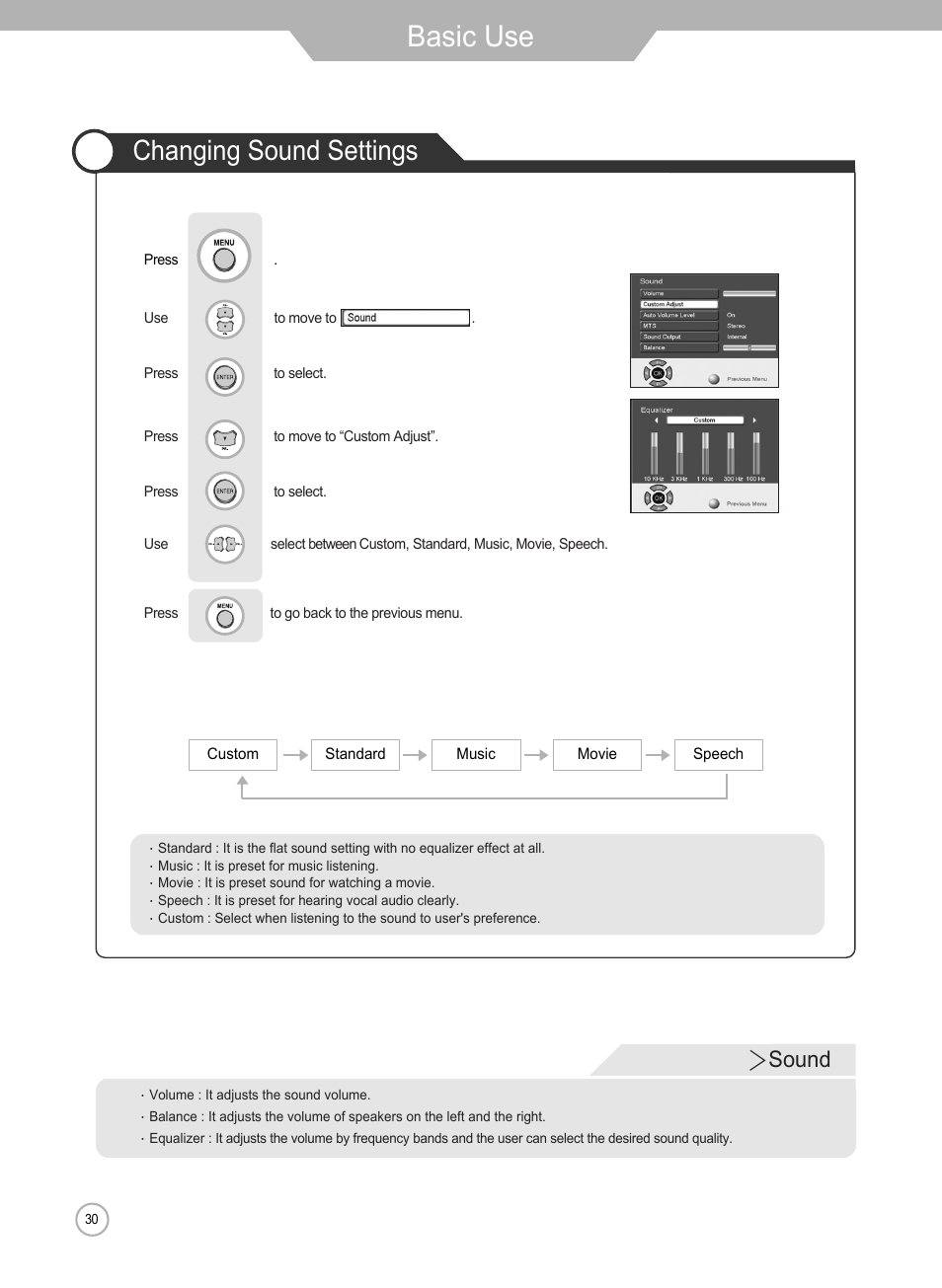 Basic use, Changing sound settings, Sound | Grundig Xentia LXW 102-8625 REF User Manual | Page 30 / 60