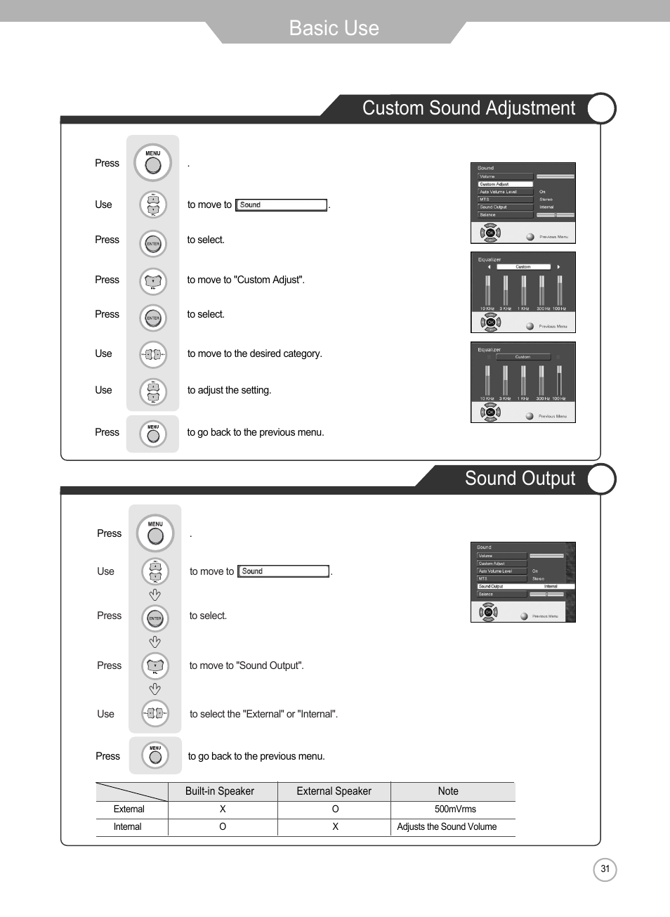 Basic use, Sound output custom sound adjustment | Grundig Xentia LXW 102-8625 REF User Manual | Page 31 / 60