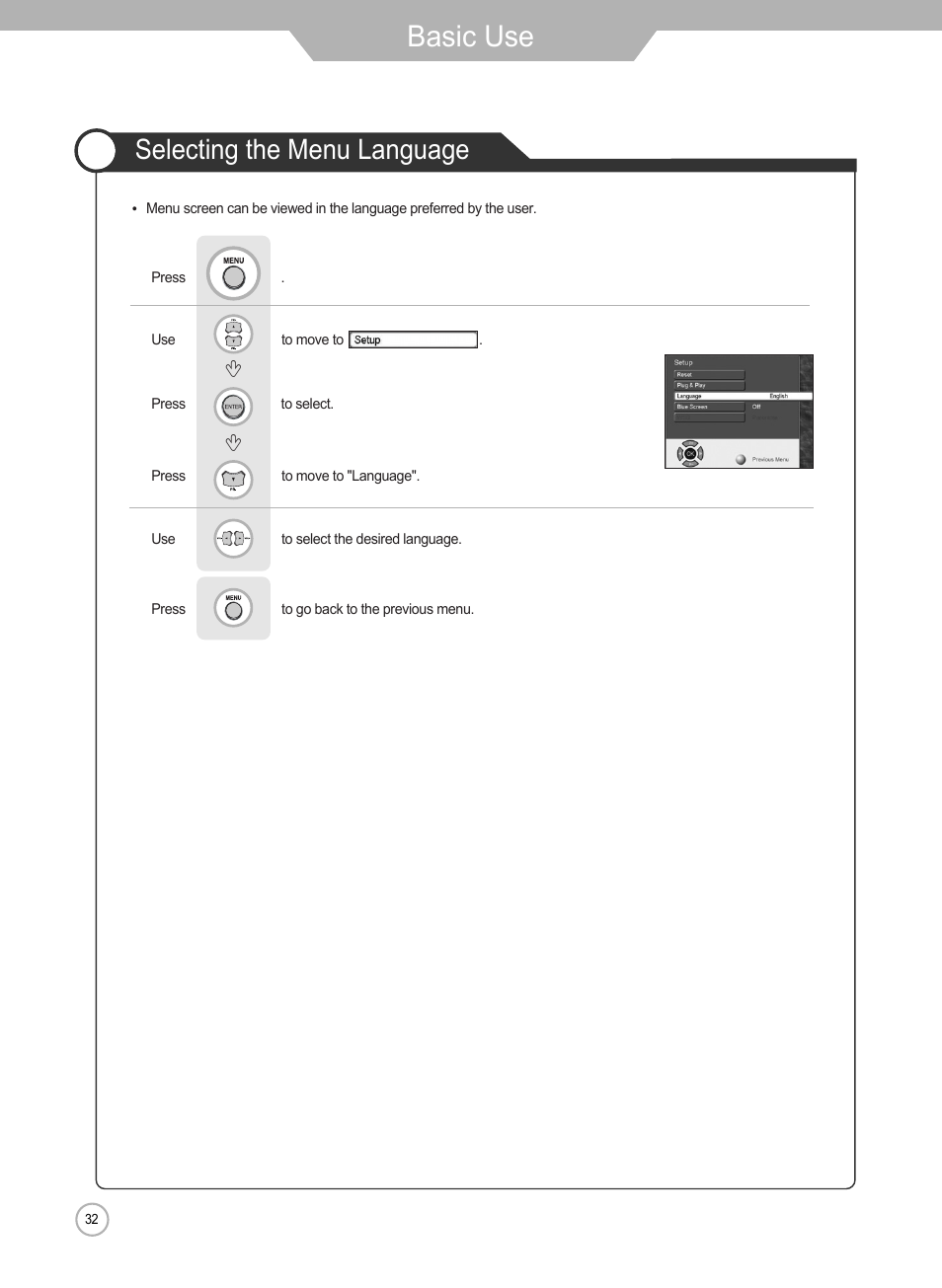 Basic use, Selecting the menu language | Grundig Xentia LXW 102-8625 REF User Manual | Page 32 / 60