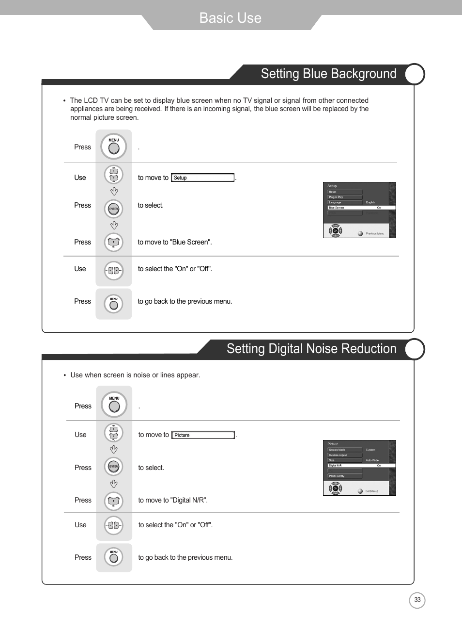 Basic use, Setting digital noise reduction, Setting blue background | Grundig Xentia LXW 102-8625 REF User Manual | Page 33 / 60