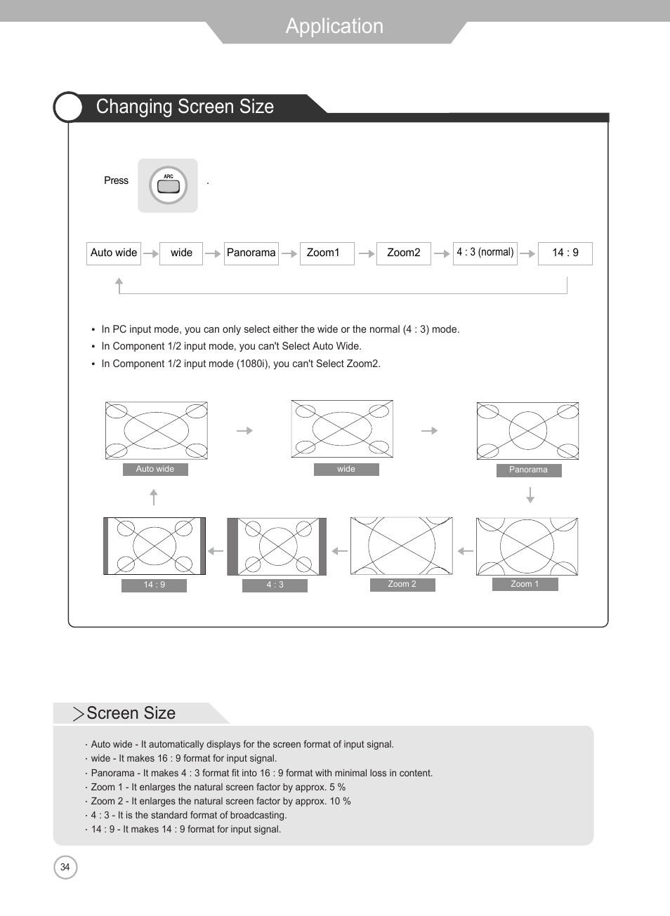 Application, Changing screen size, Screen size | Grundig Xentia LXW 102-8625 REF User Manual | Page 34 / 60
